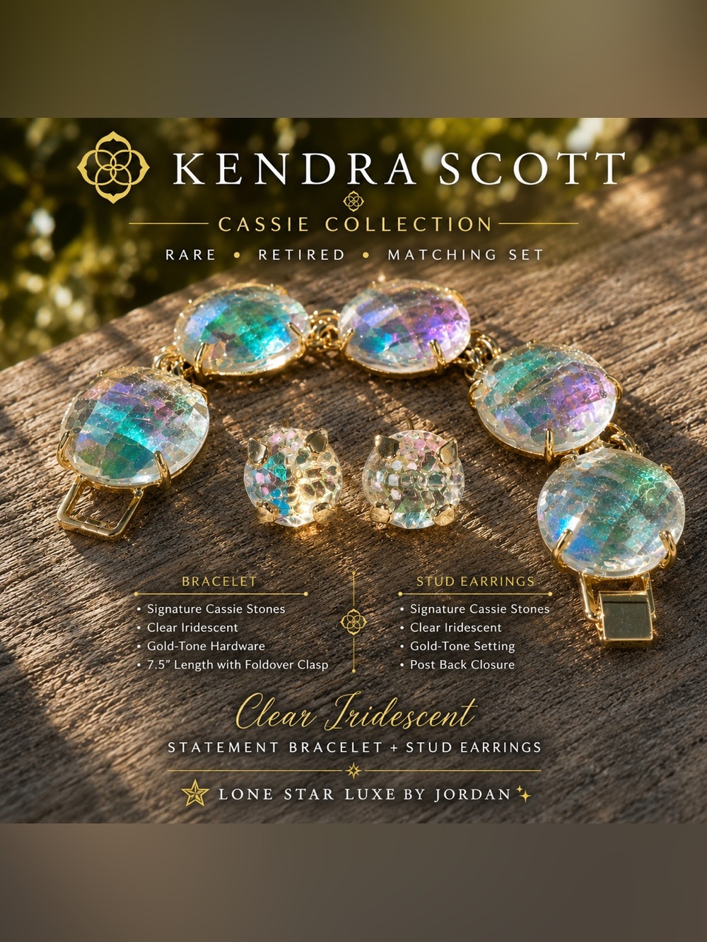 Kendra Scott Cassie Statement Bracelet with matching Studs in Clear Iridescent